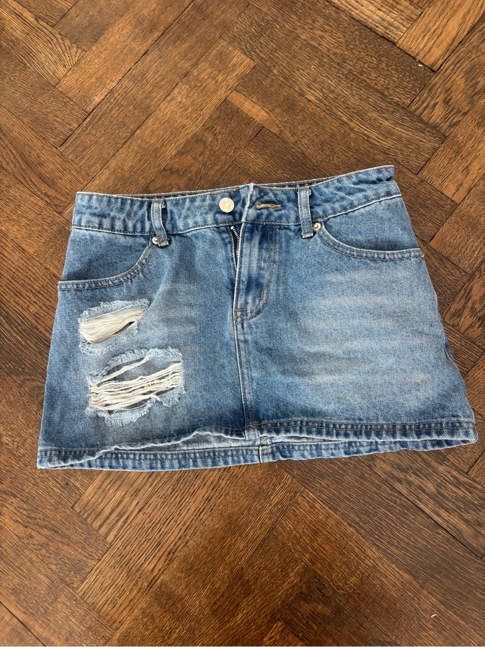 Edikted Light Blue Distressed Denim Mini Skirt